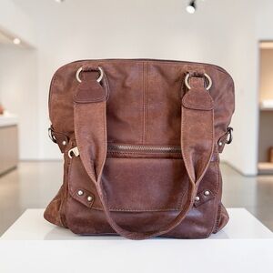 Perlina Brown Leather Shoulder Bag with Front Zip Pocket